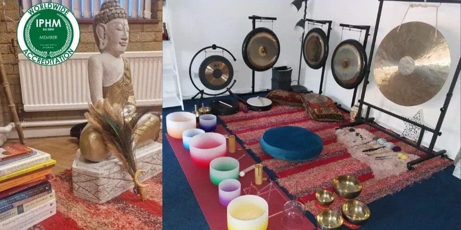 Meditation room with gongs and singing bowls.