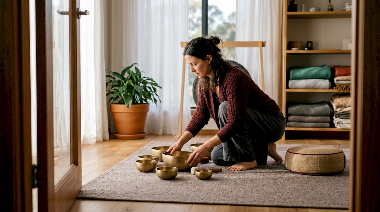 Sound therapist arranging bowls in cozy studio