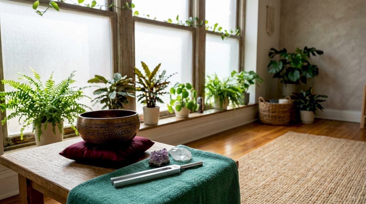 Calm sound healing meditation room setup