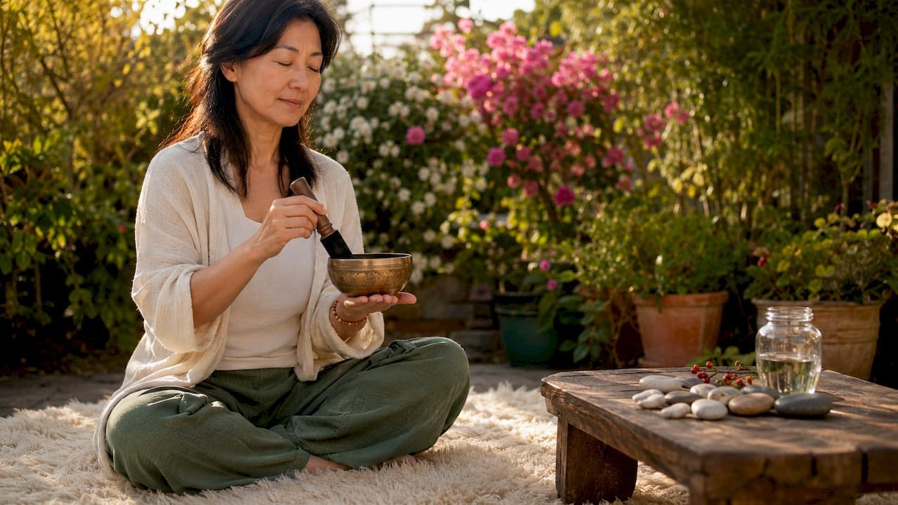 Woman meditating with Tibetan singing bowl