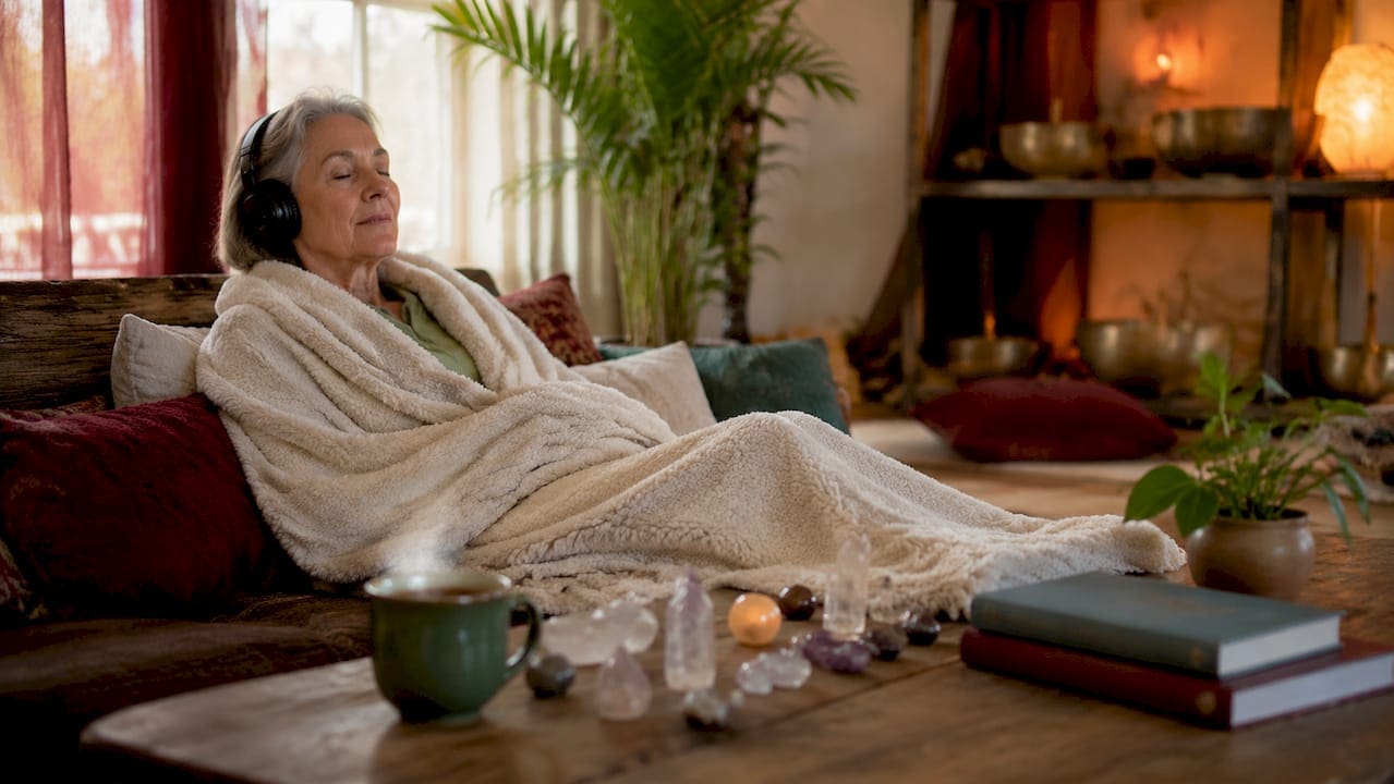 Elderly woman relaxing with therapeutic soundscape headphones