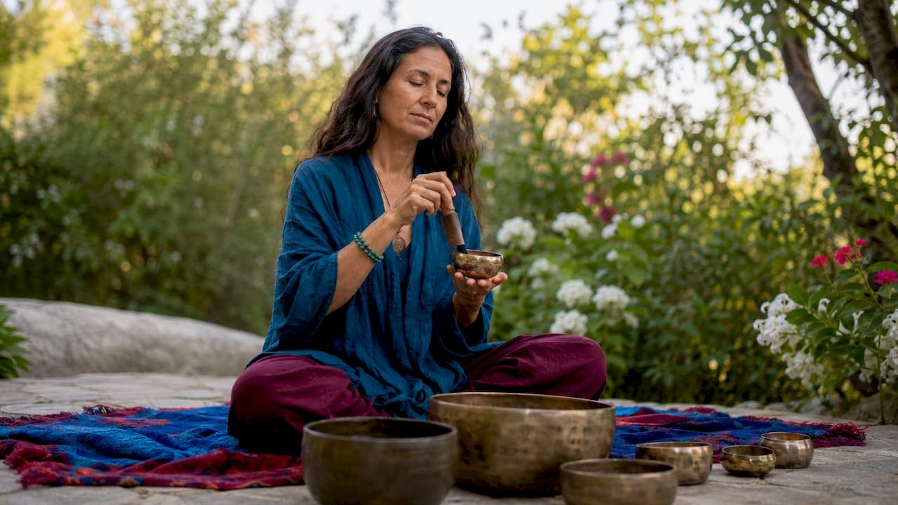Woman testing singing bowl at home