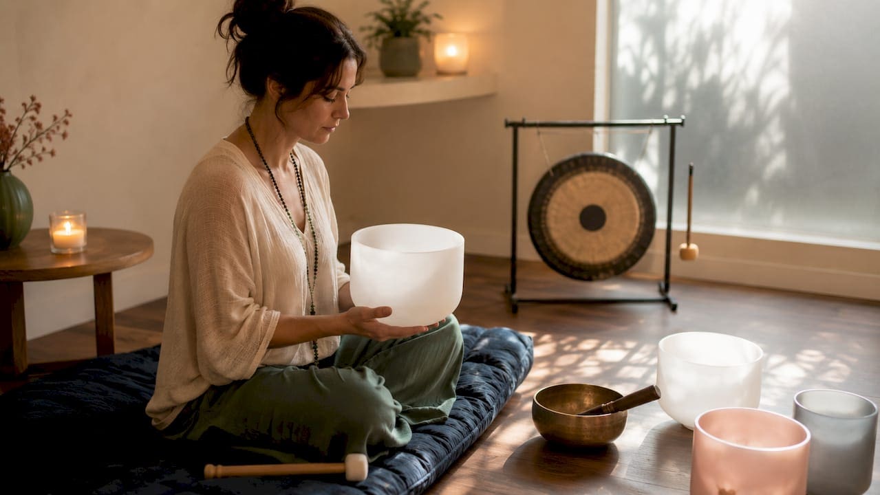Sound healing practitioner preparing instruments