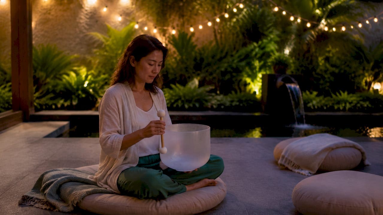 Woman practicing sound meditation with singing bowl