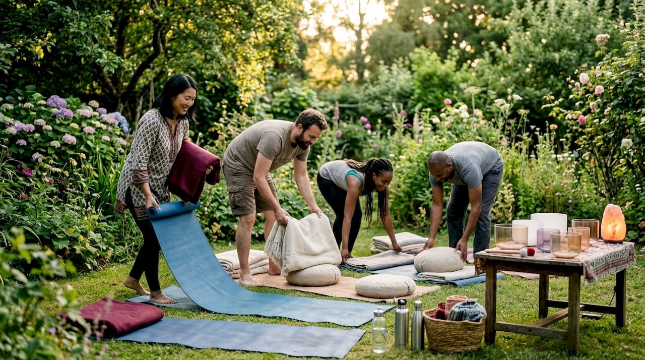 People preparing room for group sound bath session