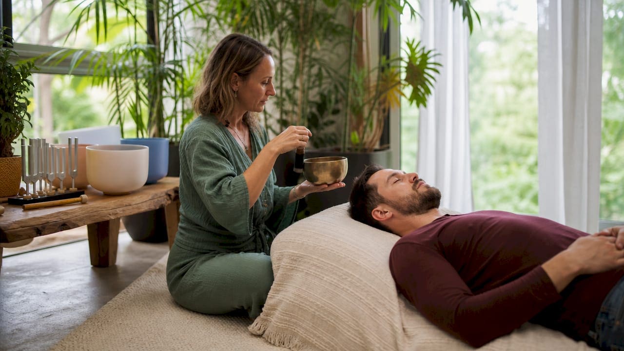 Coach using singing bowl for sound healing